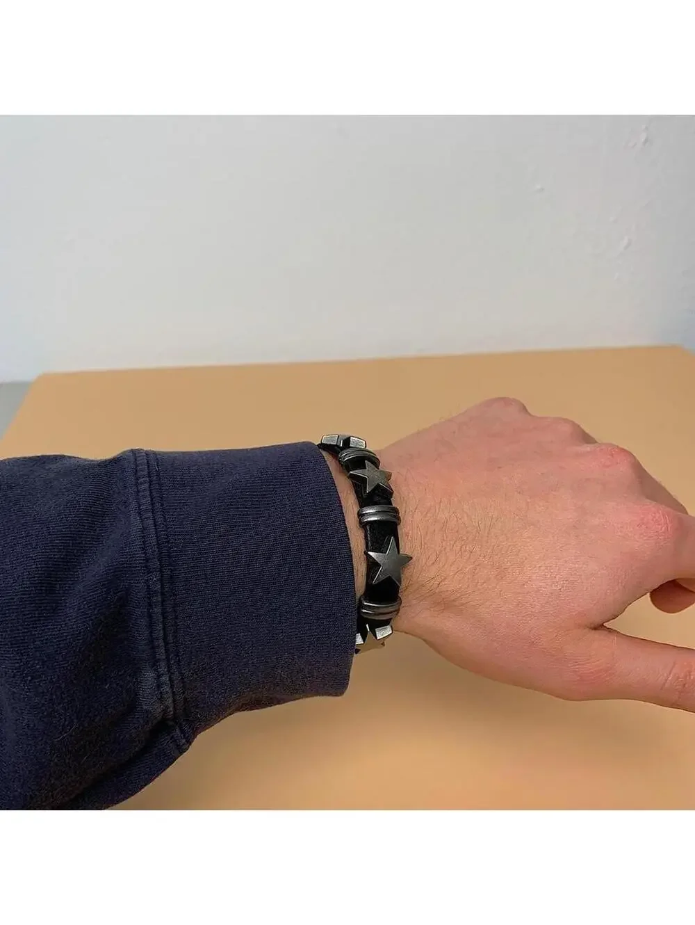 Cyber Y2k style silver star black leather bracelet. Adjustable. Cool design.